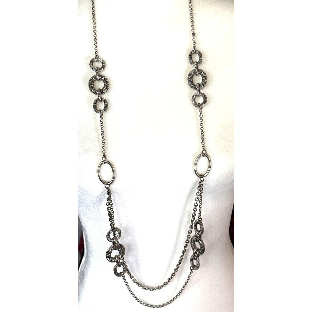 Long Circle Link Chain Necklace Silver Tone Textured Crown Premier Designs